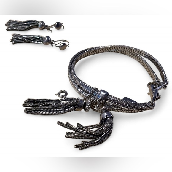 Vintage Monet Silver Tassle Jewelry Bracelet and Earring Set - Picture 1 of 7
